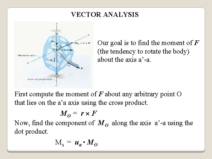 VECTOR ANALYSIS Our goal is to find the moment of F (the tendency to