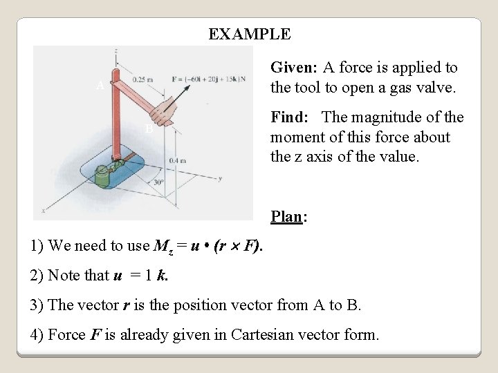 EXAMPLE Given: A force is applied to the tool to open a gas valve.