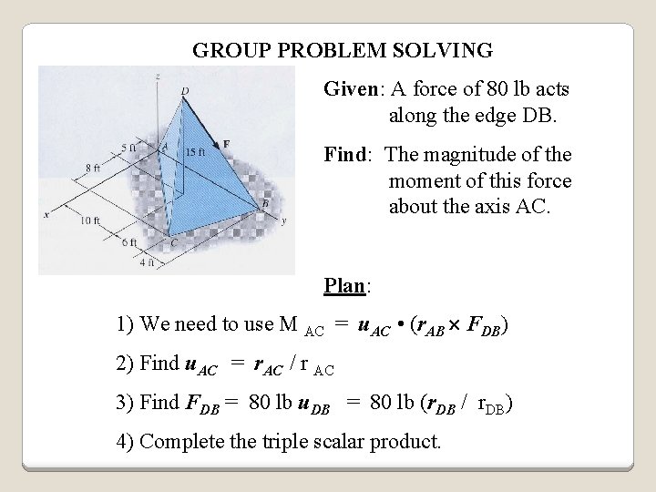 GROUP PROBLEM SOLVING Given: A force of 80 lb acts along the edge DB.