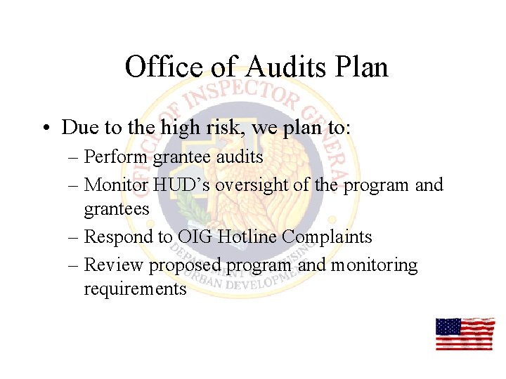 Office of Audits Plan • Due to the high risk, we plan to: –