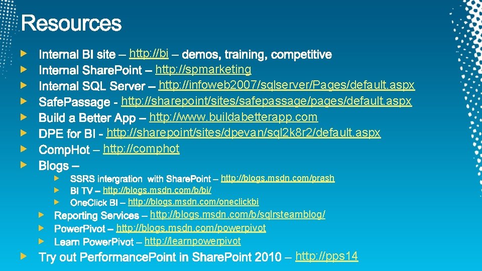 http: //bi http: //spmarketing http: //infoweb 2007/sqlserver/Pages/default. aspx http: //sharepoint/sites/safepassage/pages/default. aspx http: //www. buildabetterapp.