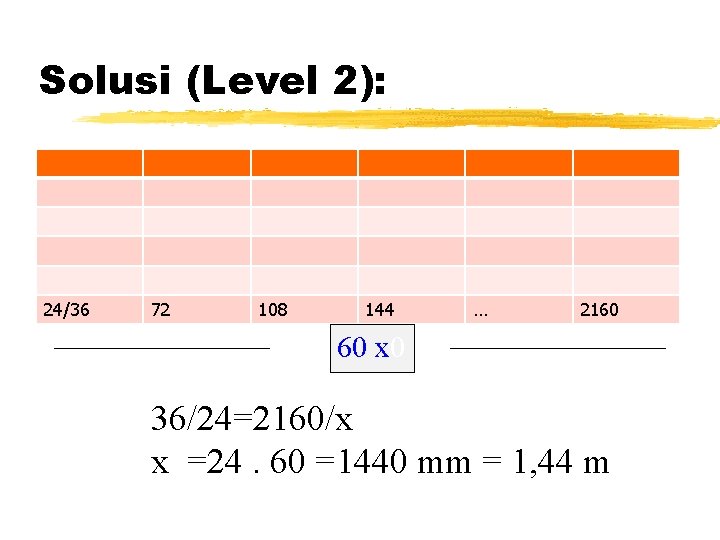 Solusi (Level 2): 24/36 72 108 144 … 2160 60 x 0 36/24=2160/x x Solusi (Level 2): 24/36 72 108 144 … 2160 60 x 0 36/24=2160/x x