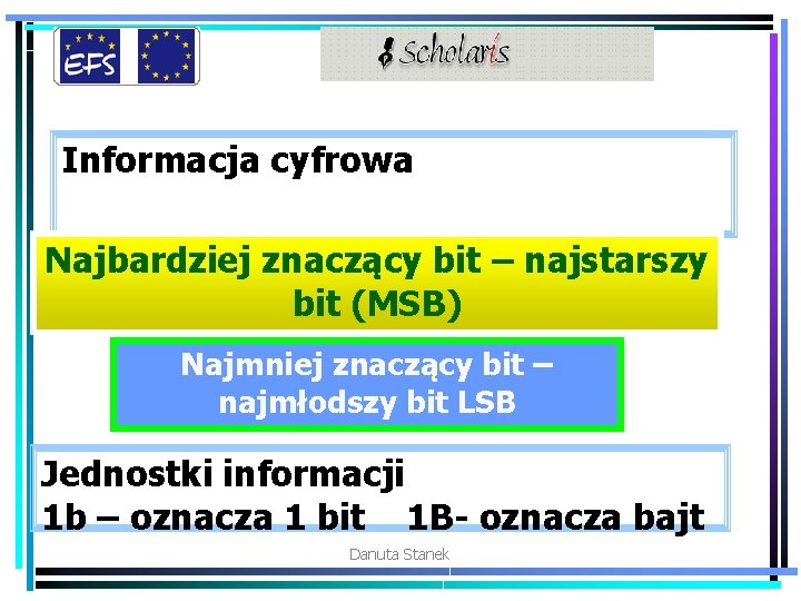 Informacja cyfrowa Najbardziej znaczący bit – najstarszy bit (MSB) Najmniej znaczący bit – najmłodszy