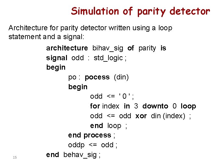 Simulation of parity detector Architecture for parity detector written using a loop statement and