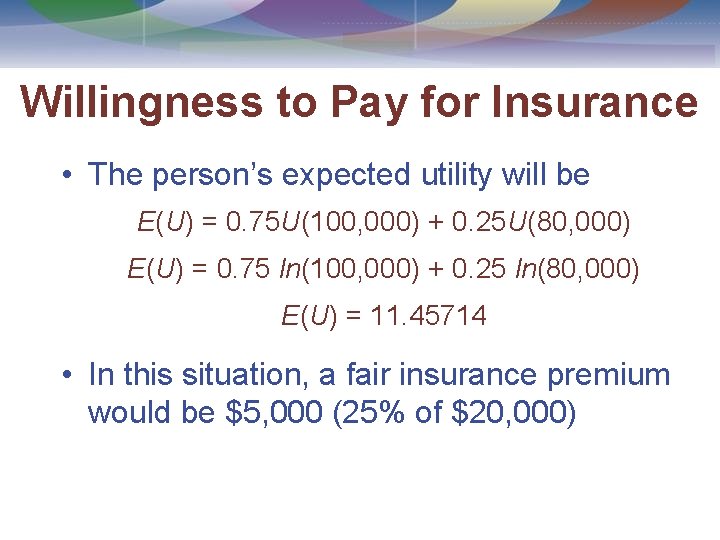 Willingness to Pay for Insurance • The person’s expected utility will be E(U) =