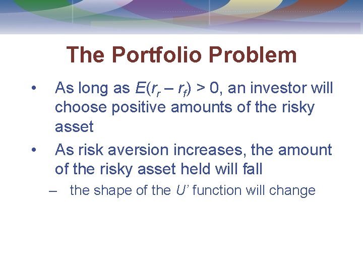 The Portfolio Problem • • As long as E(rr – rf) > 0, an