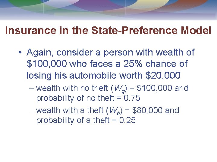 Insurance in the State-Preference Model • Again, consider a person with wealth of $100,