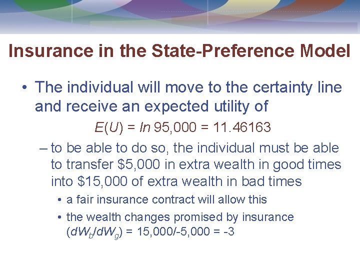 Insurance in the State-Preference Model • The individual will move to the certainty line