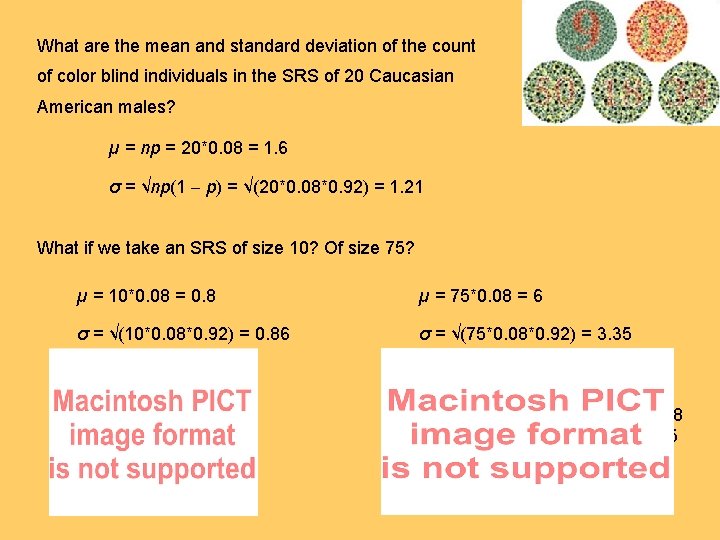 What are the mean and standard deviation of the count of color blind individuals
