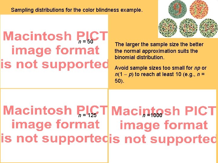 Sampling distributions for the color blindness example. n = 50 The larger the sample