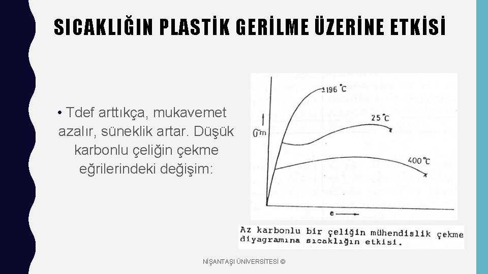 SICAKLIĞIN PLASTİK GERİLME ÜZERİNE ETKİSİ • Tdef arttıkça, mukavemet azalır, süneklik artar. Düşük karbonlu