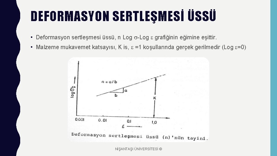 DEFORMASYON SERTLEŞMESİ ÜSSÜ • Deformasyon sertleşmesi üssü, n Log -Log grafiğinin eğimine eşittir. •