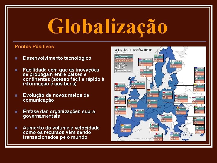 Globalização Pontos Positivos: n Desenvolvimento tecnológico n Facilidade com que as inovações se propagam