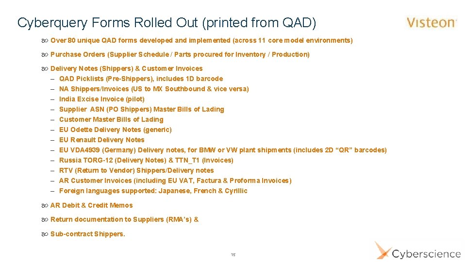 Cyberquery Forms Rolled Out (printed from QAD) Over 80 unique QAD forms developed and