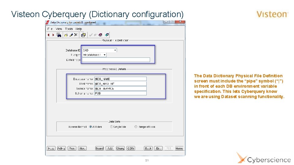 Visteon Cyberquery (Dictionary configuration) The Data Dictionary Physical File Definition screen must include the