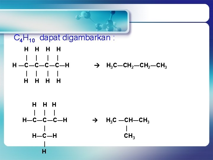 C 4 H 10 dapat digambarkan : H H | | H ―C―C―H |