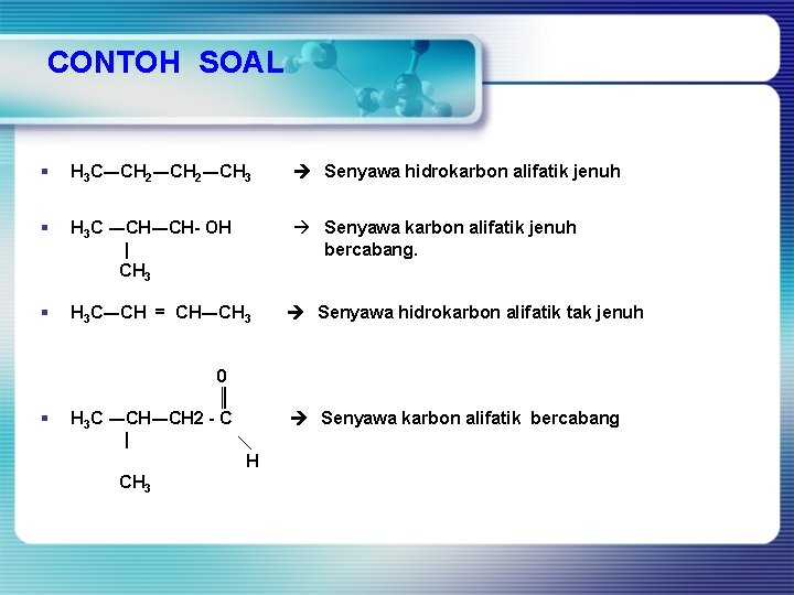 CONTOH SOAL § H 3 C―CH 2―CH 3 Senyawa hidrokarbon alifatik jenuh § H