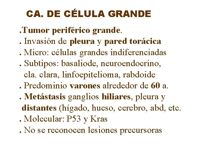 CA. DE CÉLULA GRANDE. Tumor periférico grande. . Invasión de pleura y pared torácica.