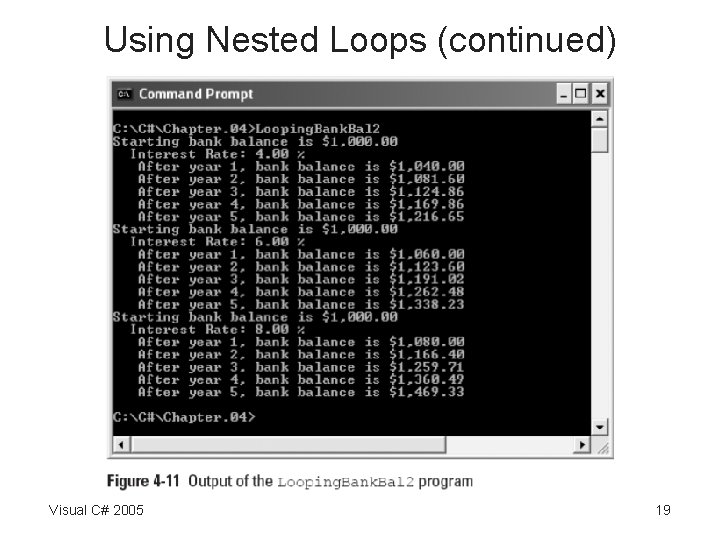 Using Nested Loops (continued) Visual C# 2005 19 
