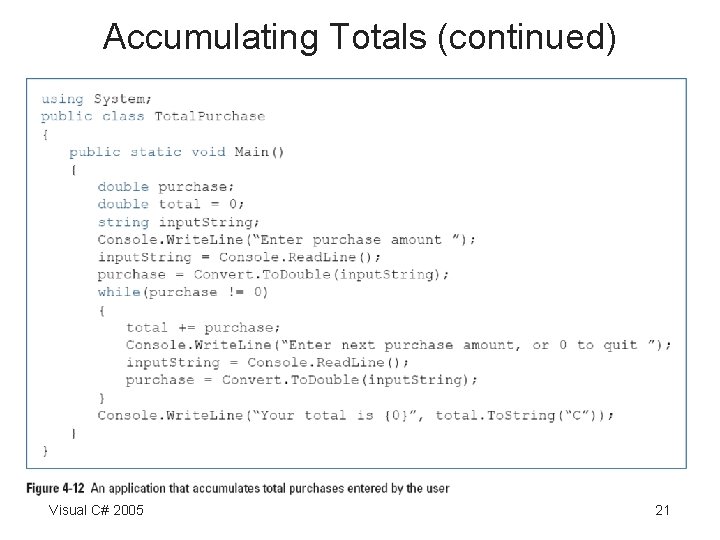 Accumulating Totals (continued) Visual C# 2005 21 