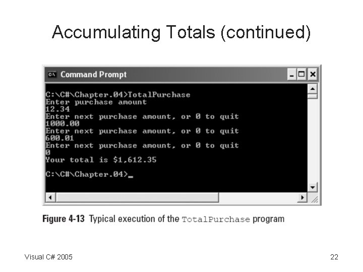 Accumulating Totals (continued) Visual C# 2005 22 