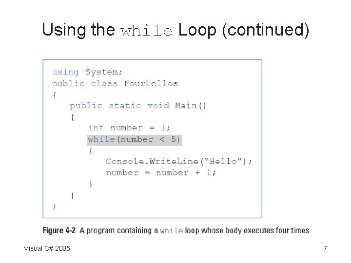 Using the while Loop (continued) Visual C# 2005 7 