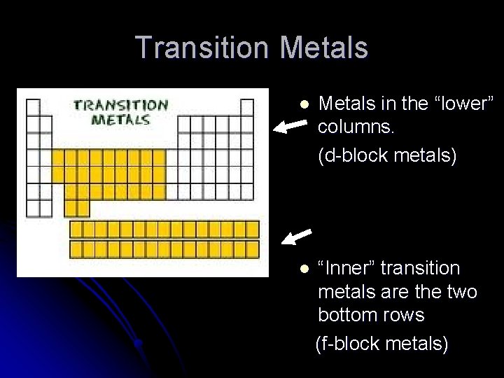 Transition Metals l Metals in the “lower” columns. (d-block metals) l “Inner” transition metals