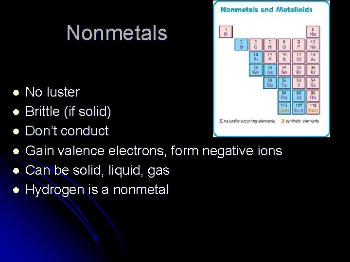 Nonmetals l l l No luster Brittle (if solid) Don’t conduct Gain valence electrons,