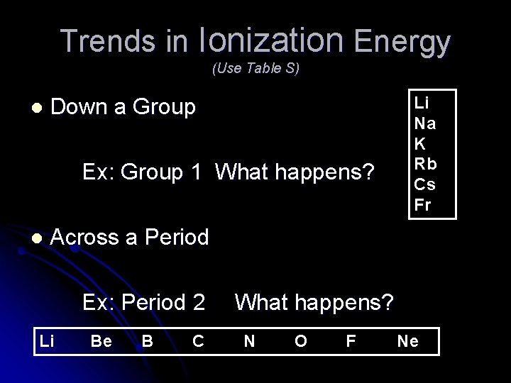 Trends in Ionization Energy (Use Table S) l Down a Group Ex: Group 1
