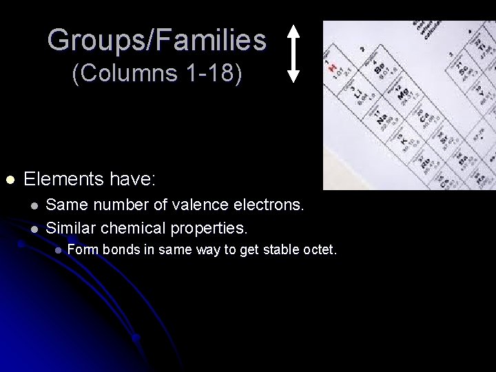 Groups/Families (Columns 1 -18) l Elements have: l l Same number of valence electrons.