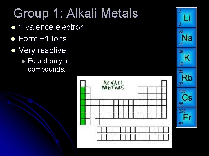 Group 1: Alkali Metals l l l 1 valence electron Form +1 Ions Very