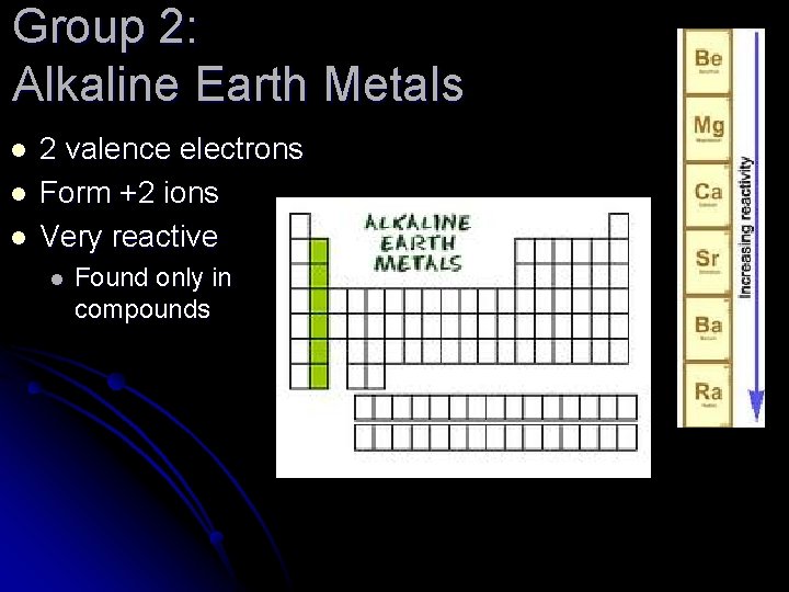 Group 2: Alkaline Earth Metals l l l 2 valence electrons Form +2 ions