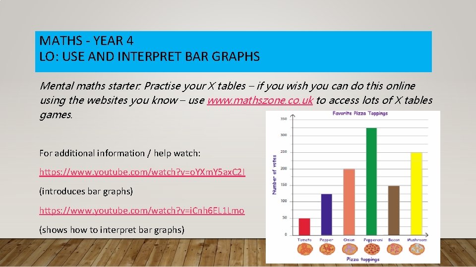 MATHS - YEAR 4 LO: USE AND INTERPRET BAR GRAPHS Mental maths starter: Practise