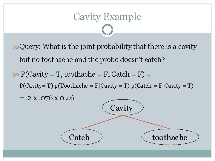 Cavity Example Query: What is the joint probability that there is a cavity but