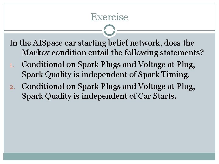 Exercise In the AISpace car starting belief network, does the Markov condition entail the