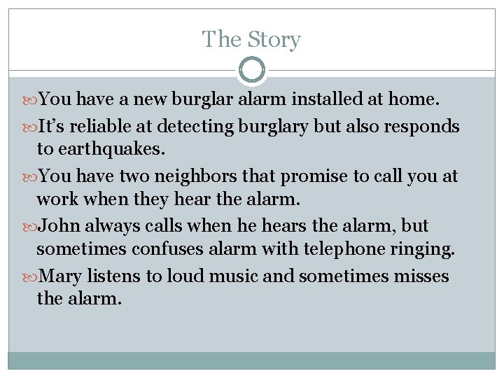 The Story You have a new burglar alarm installed at home. It’s reliable at