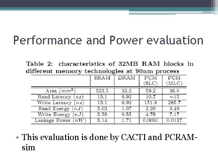 Performance and Power evaluation • This evaluation is done by CACTI and PCRAMsim Performance and Power evaluation • This evaluation is done by CACTI and PCRAMsim