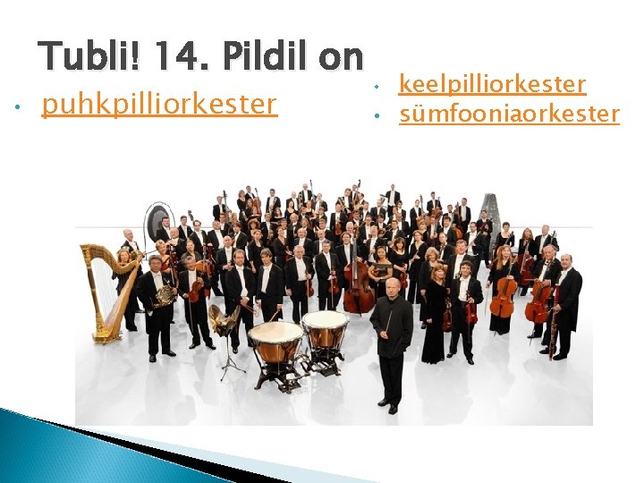 Tubli! 14. Pildil on • puhkpilliorkester • • keelpilliorkester sümfooniaorkester 