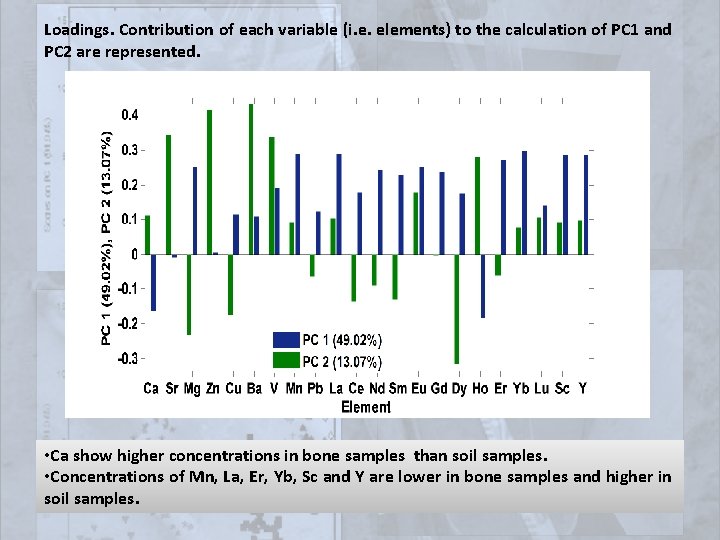 Loadings. Contribution of each variable (i. e. elements) to the calculation of PC 1