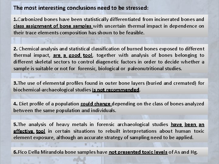 The most interesting conclusions need to be stressed: 1. Carbonized bones have been statistically