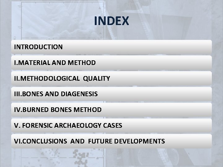 INDEX INTRODUCTION I. MATERIAL AND METHOD II. METHODOLOGICAL QUALITY III. BONES AND DIAGENESIS IV.