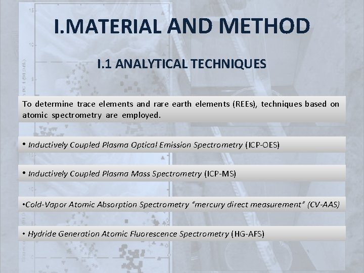 I. MATERIAL AND METHOD I. 1 ANALYTICAL TECHNIQUES To determine trace elements and rare