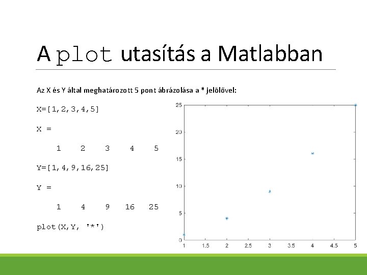 A plot utasítás a Matlabban Az X és Y által meghatározott 5 pont ábrázolása