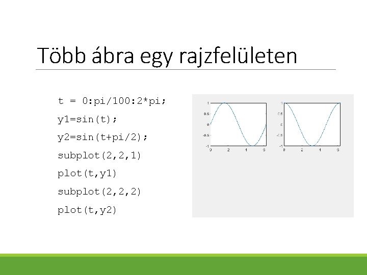 Több ábra egy rajzfelületen t = 0: pi/100: 2*pi; y 1=sin(t); y 2=sin(t+pi/2); subplot(2,