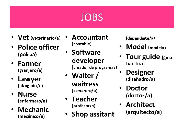 JOBS • Vet (veterinario/a) • Accountant (contable) • • Police officer • Software (policía)