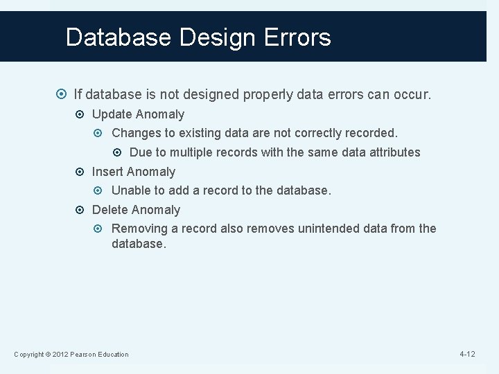 Database Design Errors If database is not designed properly data errors can occur. Update