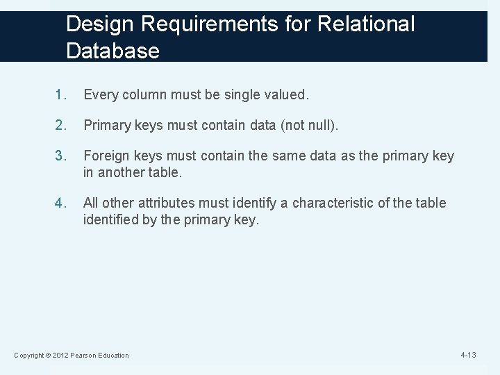 Design Requirements for Relational Database 1. Every column must be single valued. 2. Primary