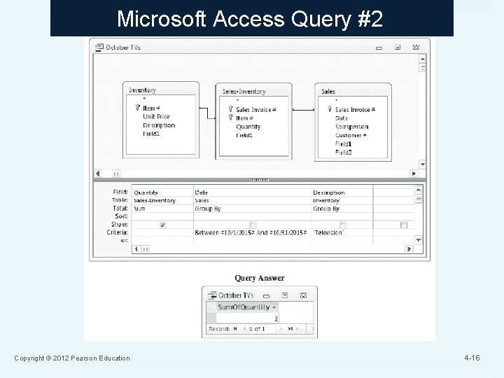 Microsoft Access Query #2 Copyright © 2012 Pearson Education 4 -16 