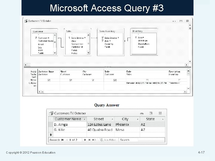 Microsoft Access Query #3 Copyright © 2012 Pearson Education 4 -17 