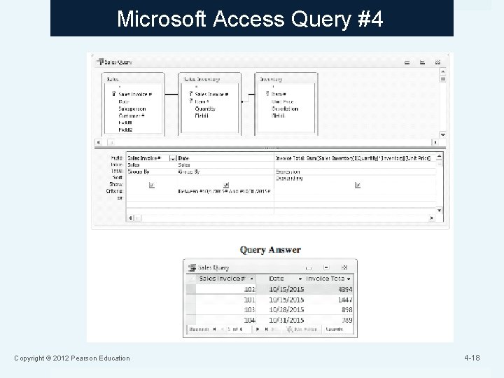 Microsoft Access Query #4 Copyright © 2012 Pearson Education 4 -18 
